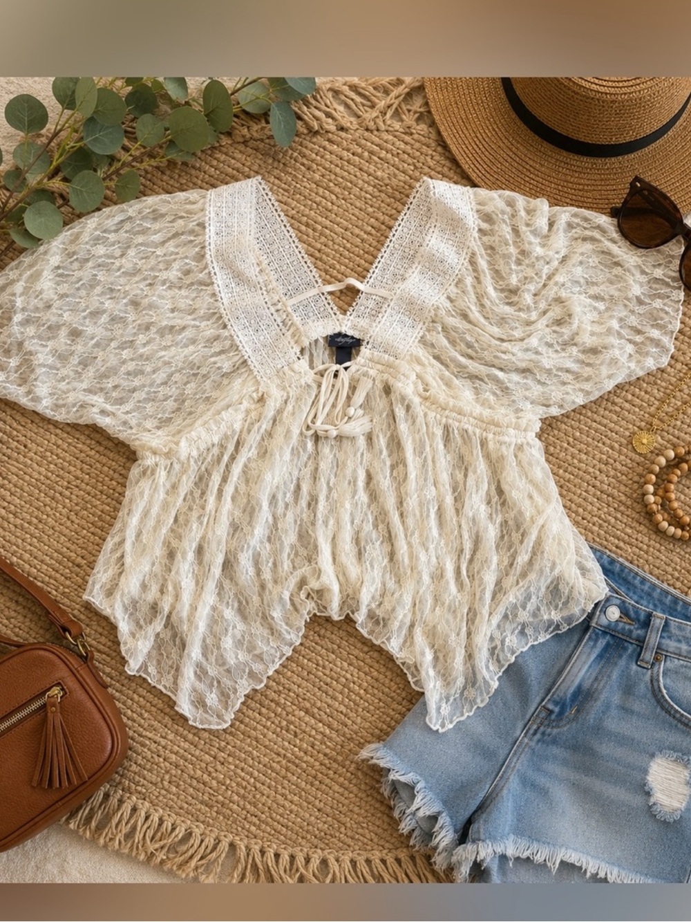 Daytrip Cream Lace Peasant Blouse Large Sheer Boho Flutter Sleeve Tie Front